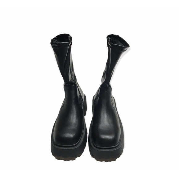Wednesday Adams Style Boots Size 9 Black Stretch Pull Up Zip Up Chunky Boots - Picture 2 of 12